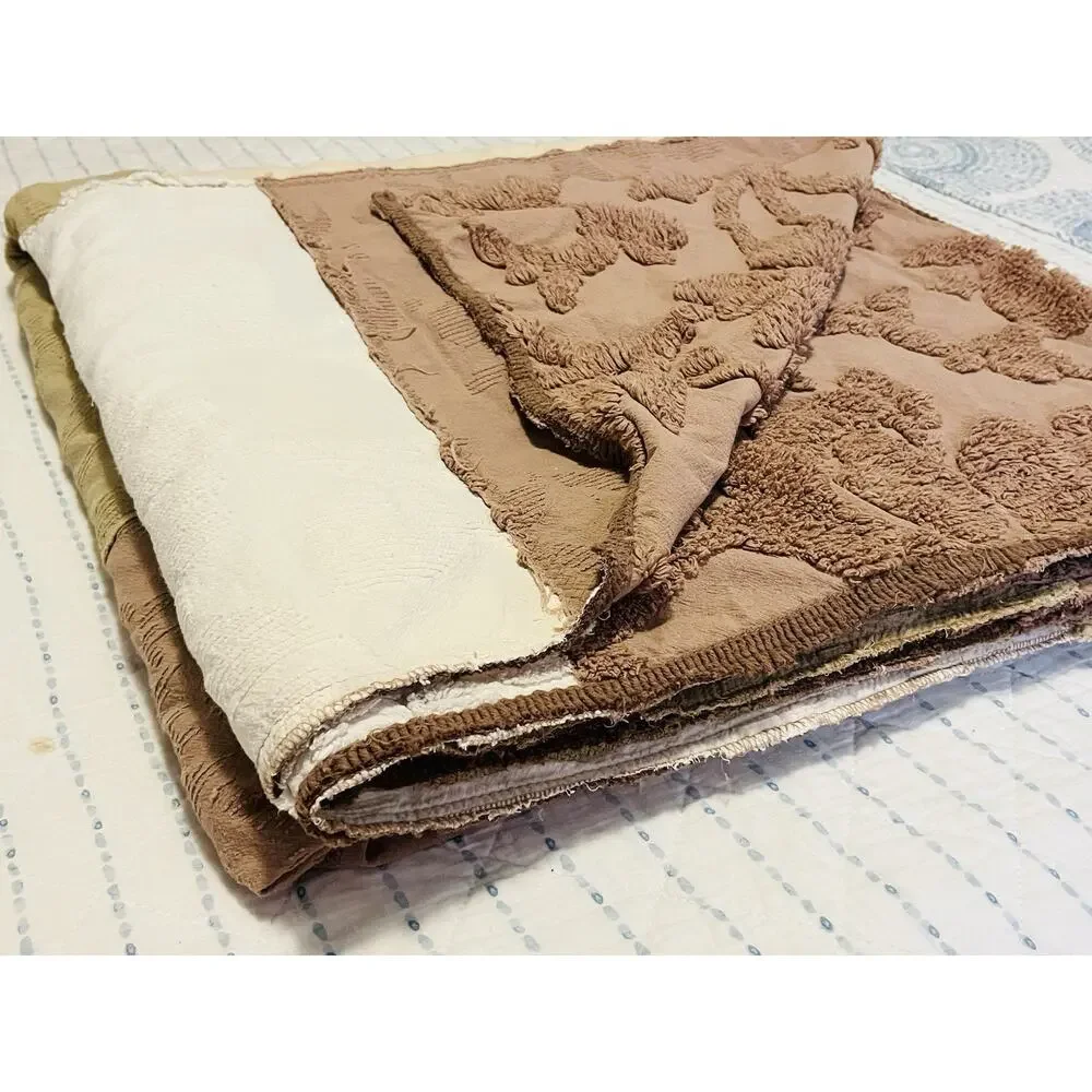Vintage Mauve Tan Chenille Bedspread King Cream Block coverlet Cottage Grannycor